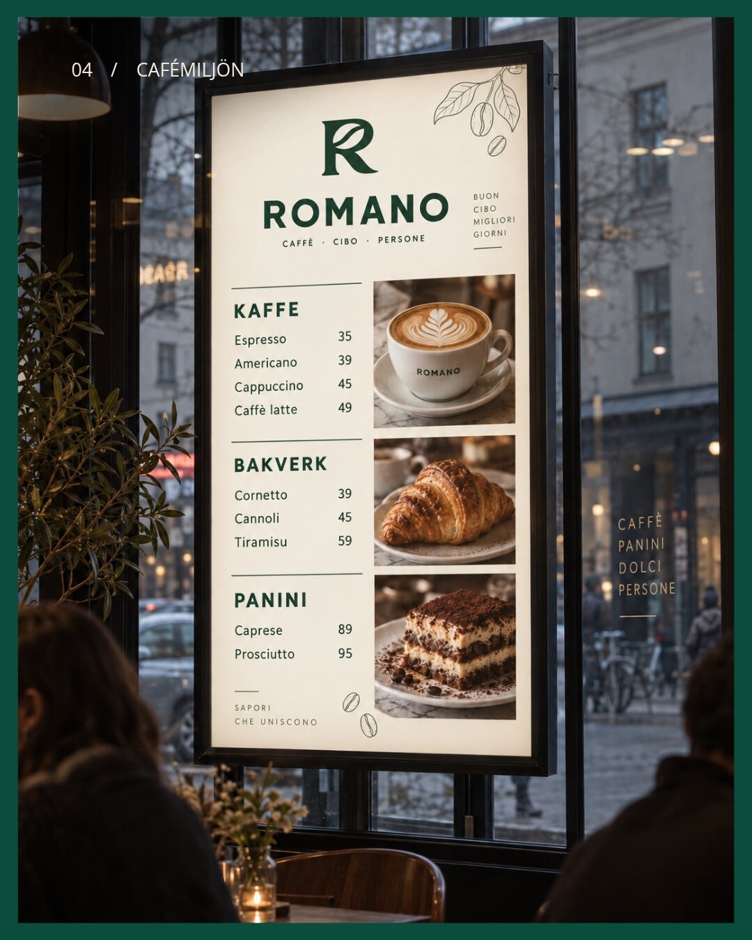 Romano-meny monterad i en varm cafémiljö.